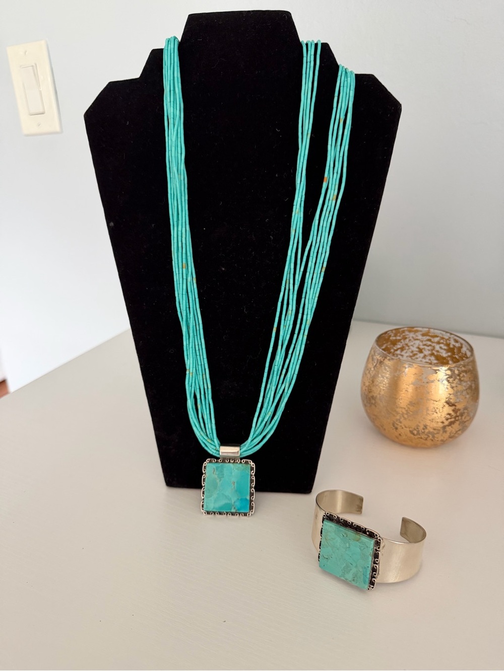 Multi-Strand Turquoise Bead Necklace with Square Turquoise Pendant - Women